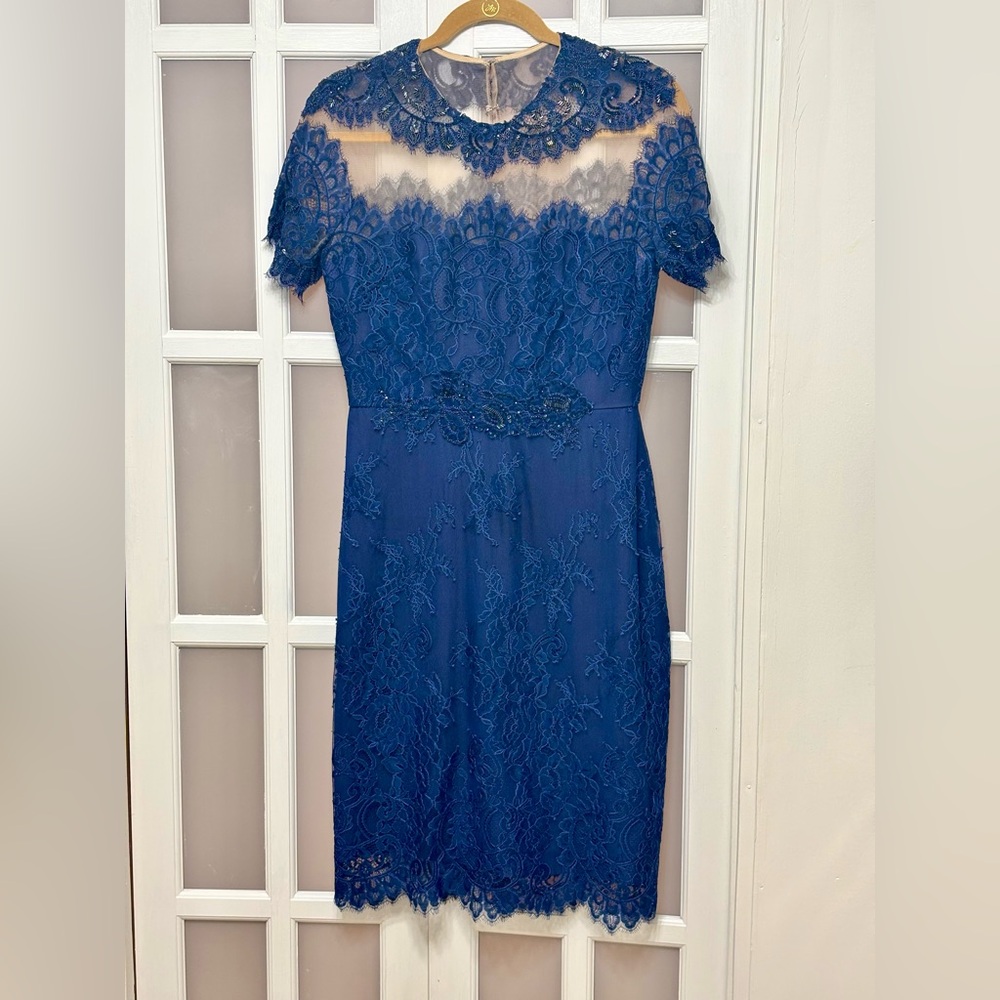 Marchesa Notte Lace Cocktail Dress Navy Beaded Illusion Size 6 Elegant